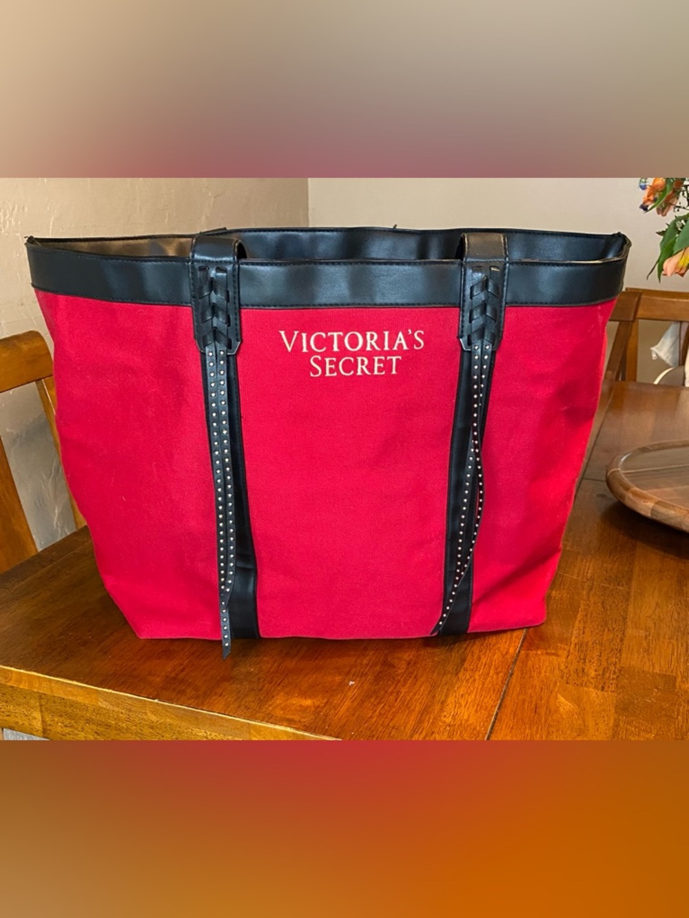 Victoria's Secret Red Canvas Tote with Black Studded Straps